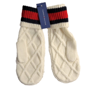 NWT -TOMMY HILFIIGGER WOMENS KNIT MITTENS-WHITE WITH RED/BLUE STRIPE CLASSIC-NWT